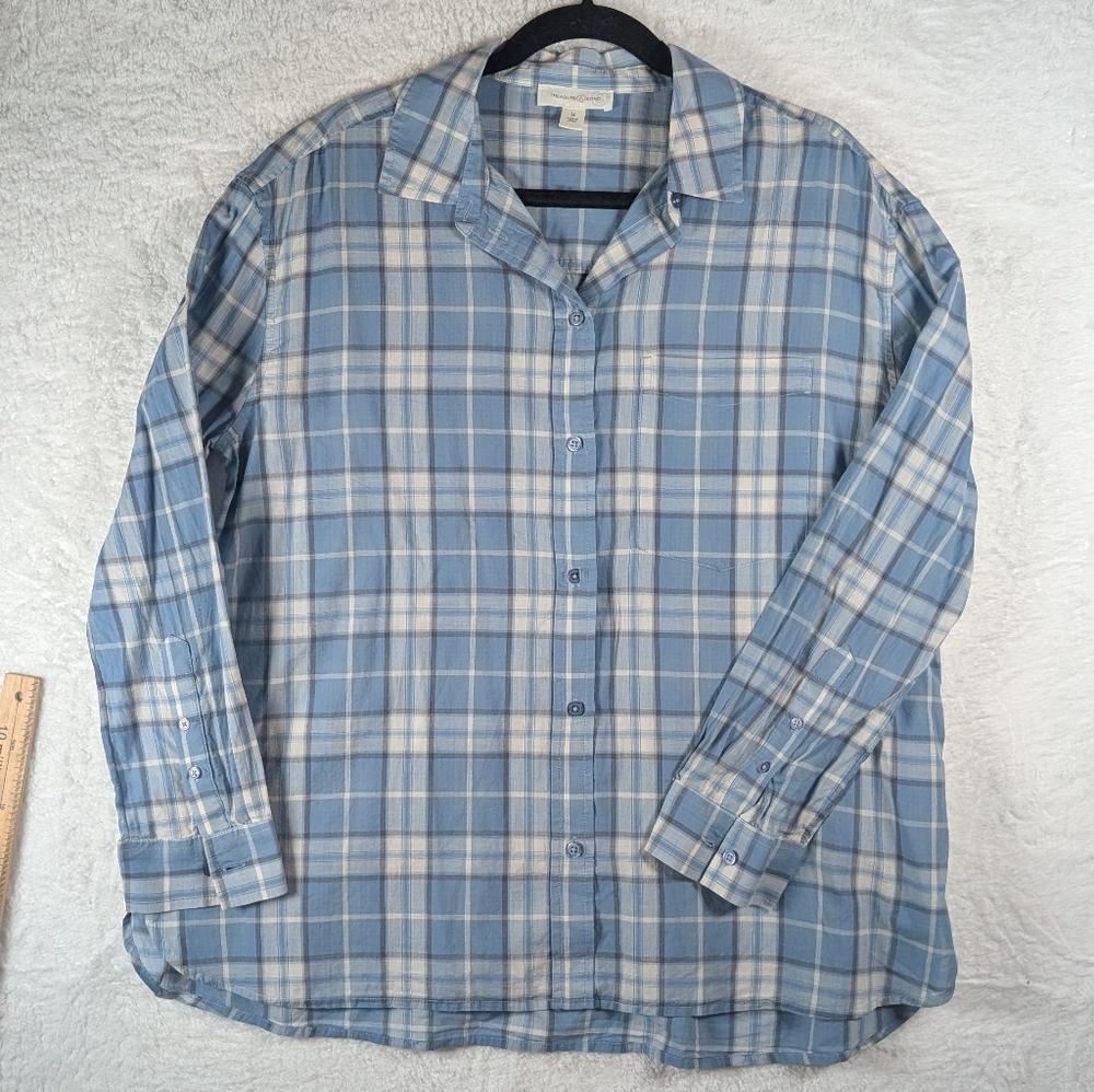 428-Nwot Treasure & Bond Light Blue Plaid Casual Shirt Oversized - Picture 2 of 7